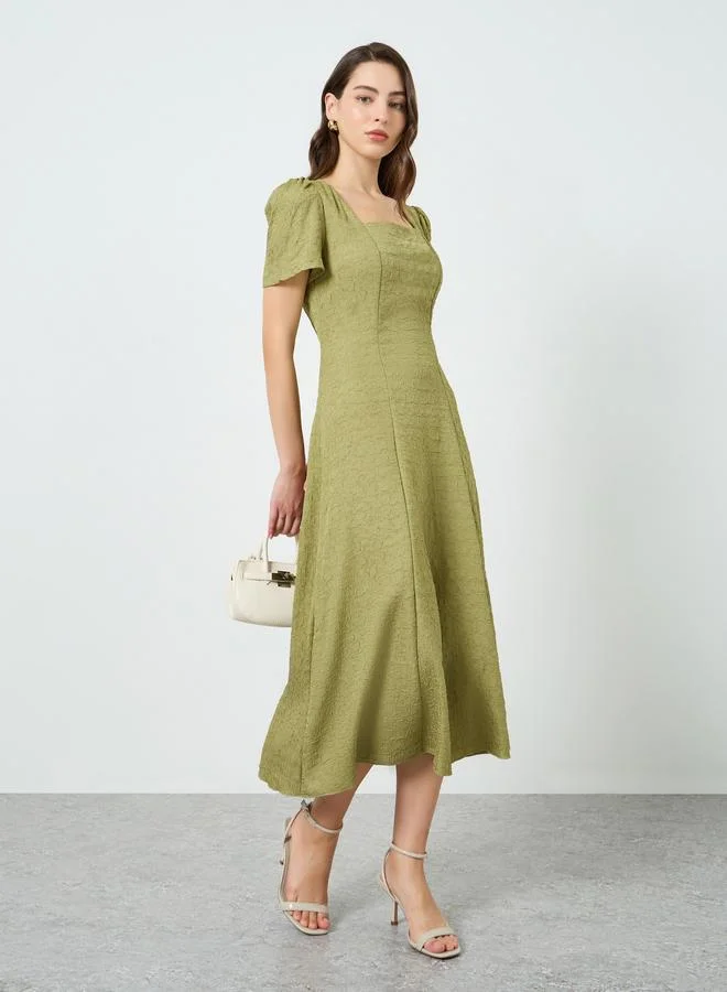 Take Two Women Green Textured Square Neck Fitted Waist Midi Dress